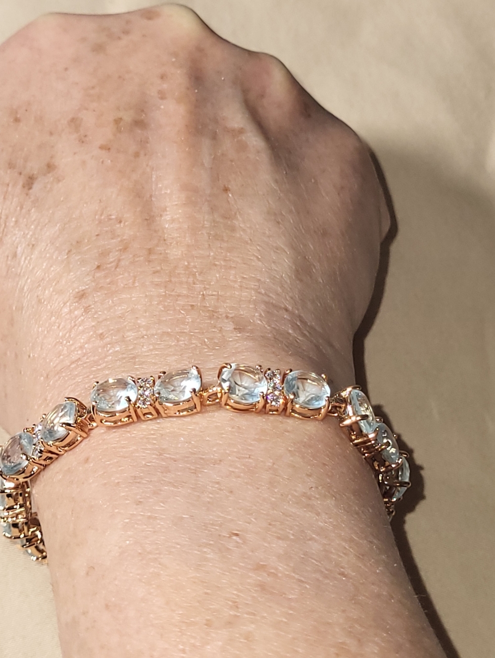 Rose Gold Filled Tennis Bracelet With Pale Blue Aquamarine & Swarovski Crystals